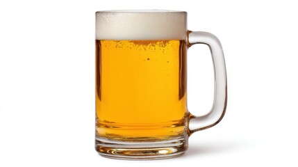 A clear glass beer mug sits upright, filled with a golden drink topped by frothy foam. Ideal for social occasions, it reflects a casual and festive atmosphere