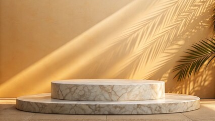 Two-tiered marble display stand against a beige wall with palm leaf shadows