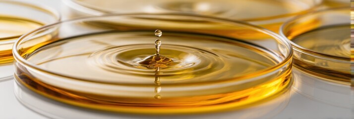 Golden Liquid Droplets in Glass Petri Dish Creating Ripples of Elegance, Representing Purity and Scientific Exploration Concepts