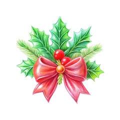  Christmas decoration, festive bow, red ribbon, holly leaves, pine branches, berries, realistic illustration 