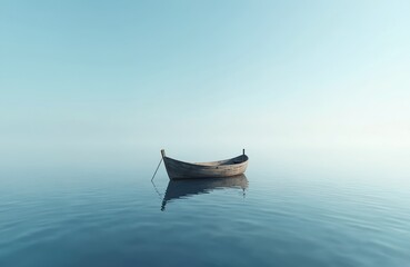 Small wooden fishing boat floats on calm water. Blue sky reflects in water surface. Peaceful seascape scenery evokes tranquil feeling. Nature, travel, vacation, idyll, escape concept.