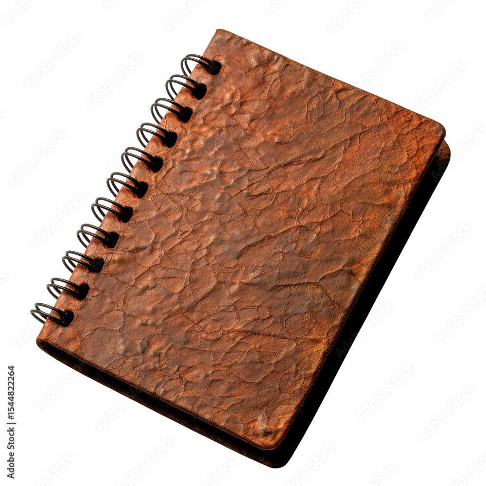 Poster textured brown notebook with spiral binding, showcasing unique, crinkled surface that adds character
