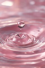 Droplet of Water Splashing from Surface in Close-Up, With Pink Reflections in Background, Concept of Refreshment, Environmental Awareness, and Visual Elegance