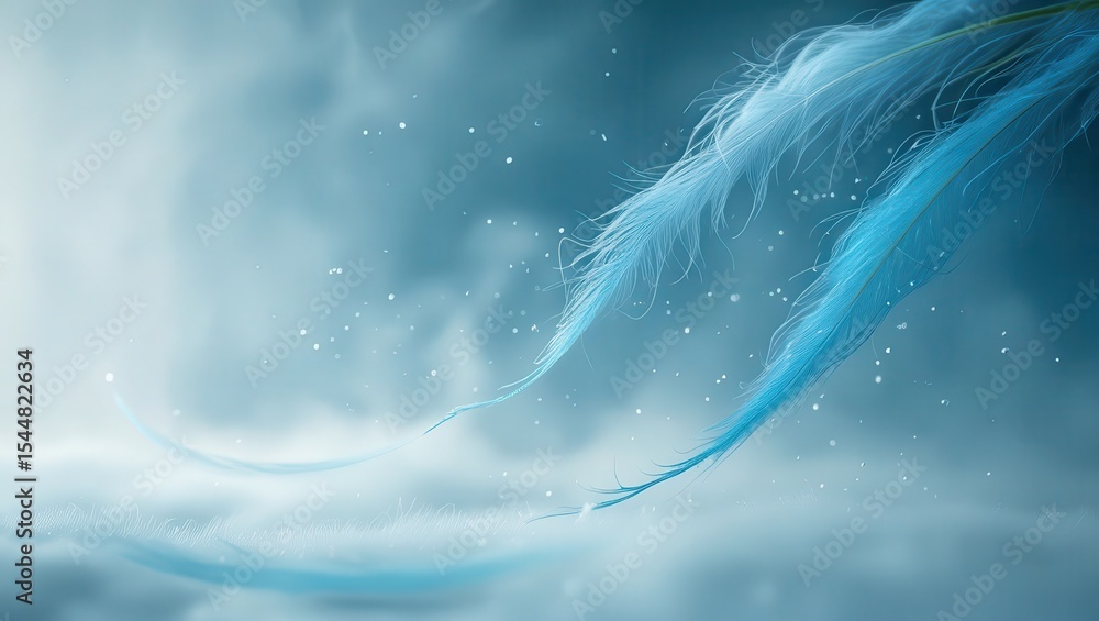 Poster a dreamy scene of light blue feathers floating in a soft ethereal atmosphere with shimmering particl