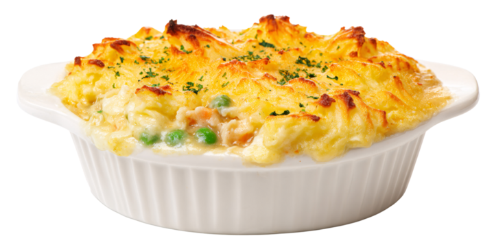 Delicious homemade fish pie with creamy mashed potato topping in a white ceramic dish Comfort food concept with fresh ingredients and golden crust - Powered by Adobe