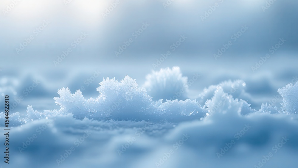Poster a close up view of frost formations on a cold surface with a soft blue and white color palette
