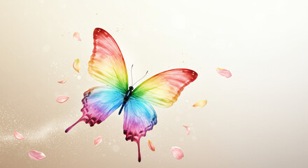Watercolor butterfly with rainbow colored wings and floating petals on a beige background