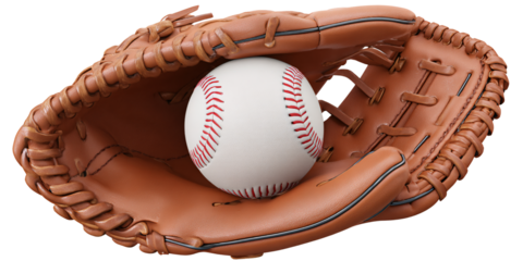 Baseball glove with a ball inside, brown leather mitt for catching, sport equipment for baseball game, training and recreation