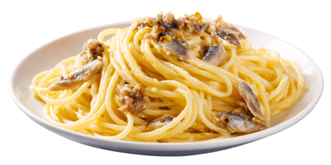 Delicious Spaghetti with Anchovies served on a white plate, showcasing Italian cuisine and seafood flavors for a tasty lunch or dinner