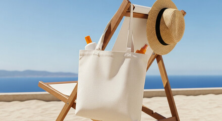 Blank Canvas Tote Bag with Sunscreen Bottles and a Straw Hat Hanging on a Beach Chair Summer Vacation Essentials and Customizable Mockup