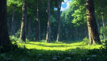 The scene depicts light and forest on a day, serving as an anime background and illustration