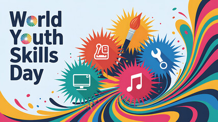 Obraz premium World Youth Skills Day Banner futuristic cityscape illustration with dancing youth and tech holograms