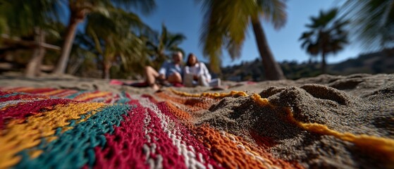 Colorful blanket and a couple at the beach
