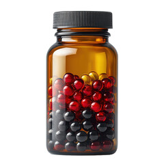 Amber bottle filled with colorful spherical objects inside on transparent background