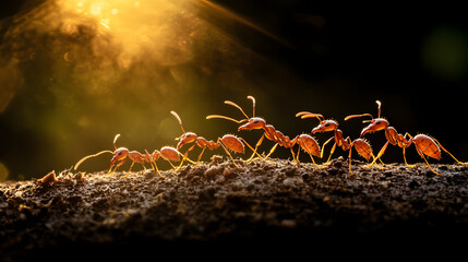 A swarm of ants forming a perfect line as they work together to transport food back to the nest, their movements coordinated with precision.