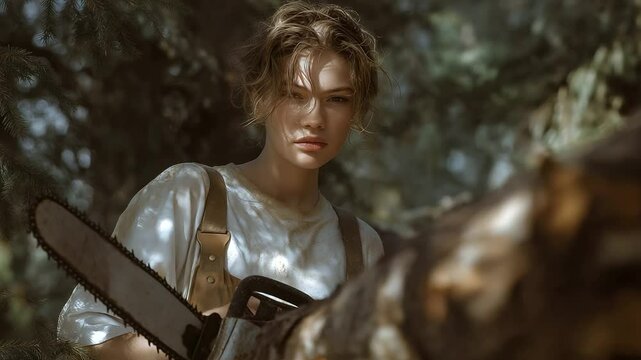 A young woman recoils from chainsaw noise in a forest setting