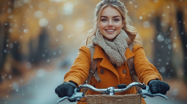Autumn Cycling Happiness Blonde Girl In The Forest