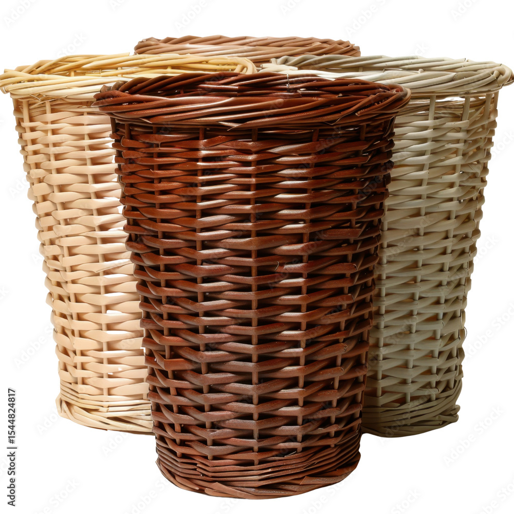 Poster woven baskets in various colors and sizes, showcasing intricate patterns and textures, perfect for s