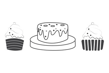 A set of birthday cakes, Happy Birthday Cake Doodle icon set, Hand sketch drawing line art illustration Vector, minimalist black linear sketch isolated on white background