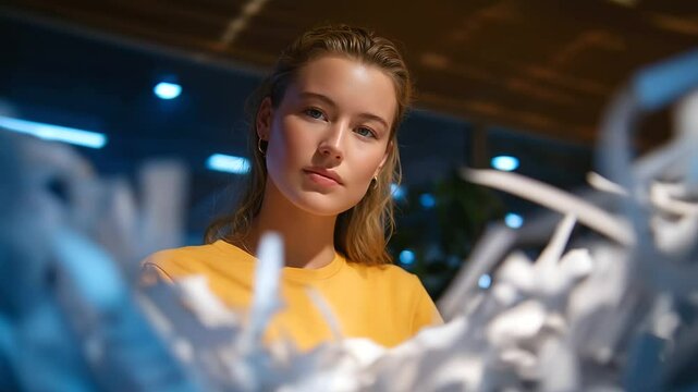 A young woman shredding documents in an office setting with a shredder and bin