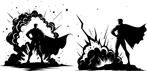 Superhero Silhouette with Explosion Background - Power and Action Vector Set