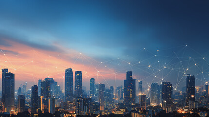 Obraz premium Smart digital Innovation city with connection network reciprocity over the sunset cityscape. of future wireless digital city and social media networking systems that connects people with in city