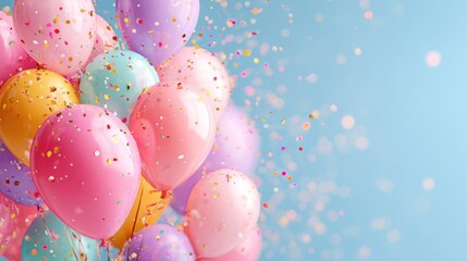 Colorful Party Balloons with Confetti on a Light Blue Background, Perfect for Celebrations, Birthdays, and Events, Concept of Joyful Celebrations, Festive Designs, and Cheerful Decorations