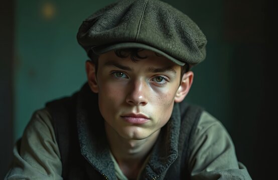 Portrait of young man in retro outfit. He wears flat cap vest, white shirt. Historical reconstruction, vintage style. Serious face looking at camera, captures style of 1920s, 1930s, 1940s.