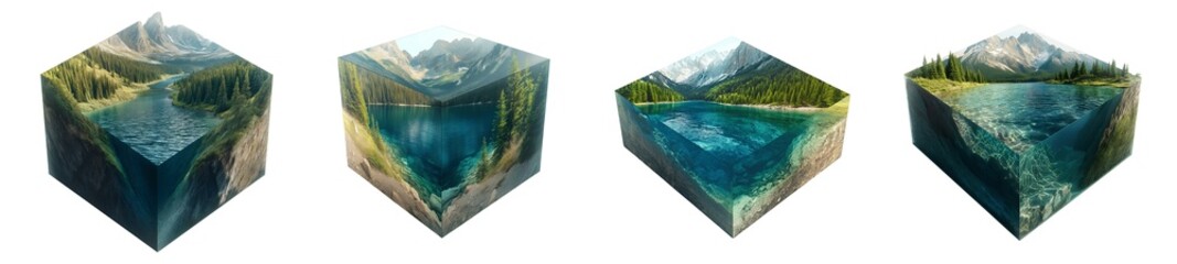 Obraz premium Set of various Isometric cube with natural landscape isolated on transparent background
