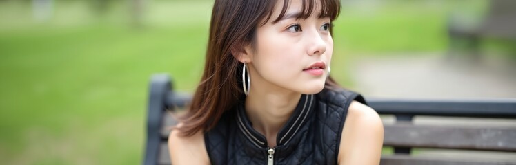 Obraz premium Attractive young woman sitting on park bench, looking away. Pretty female wears stylish black vest. Natural beauty with silver hoop earrings. Portrait photo, daytime outdoors.