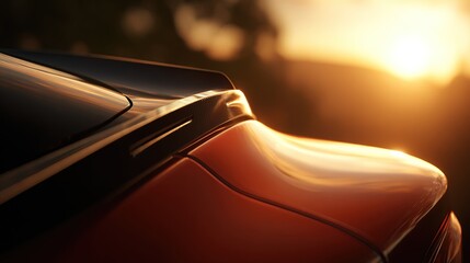 Sunset illuminates the rear quarter panel and spoiler of a sleek, red sports car, showcasing its glossy finish and aerodynamic design.  The background is softly 