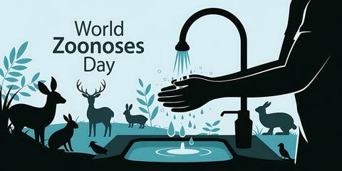 World Zoonoses Day poster showing handwashing and forest animals promoting hygiene and awareness