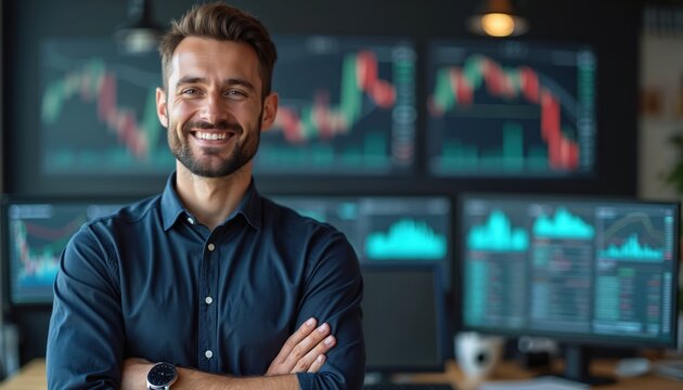 Happy male trader in modern office with crossed arms. Smiling man stands with background of monitors with charts, graphs. Confident pro, financial analyst at workplace, ready for success.