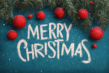 Festive Christmas Background with Pine Branches, Red Ornaments, and Snowy Design, Concept of Holiday Greetings, Seasonal Celebration, or Christmas Decor