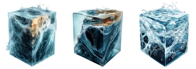 Set of various 3D glass cubic box filled with blue water isolated on transparent background