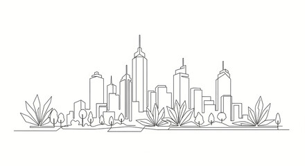 Fototapeta premium Minimalist Continuous Line Drawing of a Modern City Skyline with Trees and Greenery Sustainable Urban Development and Simplicity