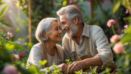 Elderly couple gardening together surrounded by flowers and greenery in a sunny outdoor setting