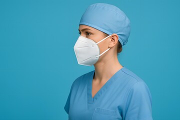 female nurse or doctor in blue scrubs wearing n95 mask and cap, healthcare professional portrait