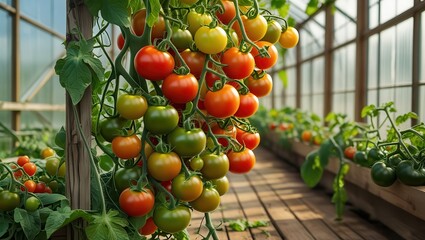 A close up of tomato plants with ripening tomatoes in a greenhouse with wooden floor and glass walls