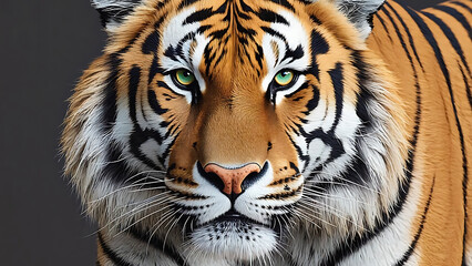 Fototapeta premium Magnificent tiger portrait showcasing its striking orange and black stripes, piercing green eyes, and powerful presence.