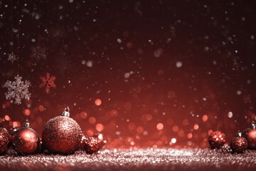 Red Christmas Ornaments and Snowflakes in Glittery Background, Perfect for Festive Decorations and Promotions, Concept of Holiday Celebration, Event Planning, Winter Themes