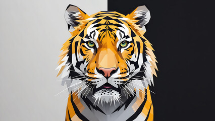 Geometric tiger portrait with black and white background, showcasing a modern and stylized design.