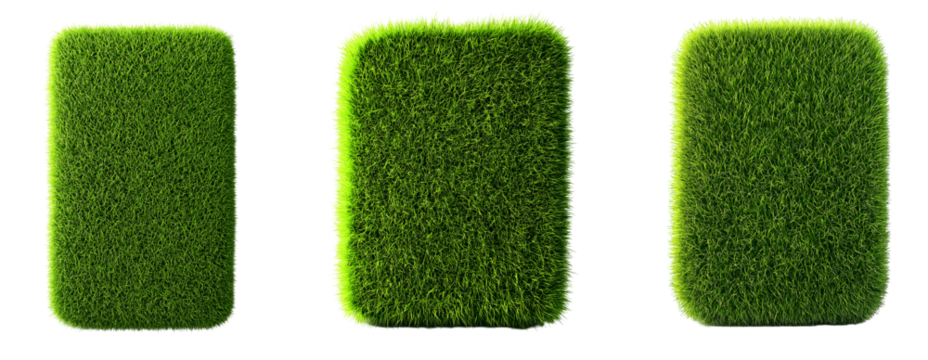 Set of various rectangular blocks of green grass isolated on transparent background