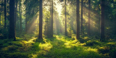 Obraz premium The scenery in a lush green forest is a vibrant panorama of illuminated foliage, featuring vibrant colors and rays of sunlight