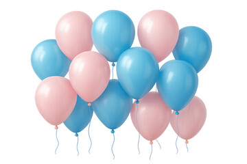 Bunch of pink and light blue balloons floating on a transparent background, perfect for party invitations or celebratory designs