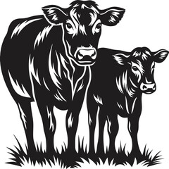 Fototapeta premium Silhouetted Cow and Calf, Farm Scene, Vector Illustration
