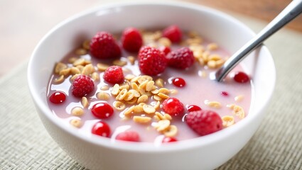 Frisches Frühstück mit Getreide und Beeren in Erdbeermilch serviert in Schale