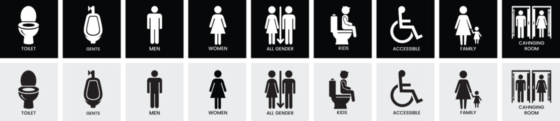 Toilet and Restroom Black Silhouette Icon Set – Includes Men, Women, Kids, Accessible, Family, Unisex, Baby Care & More | Vector Icons for Public Washroom Signage