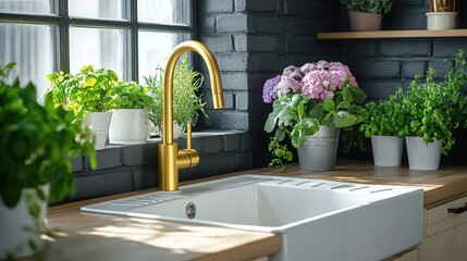 Stylish gold kitchen faucet and vibrant potted herbs and flowers brighten a modern farmhouse sink area against a dark brick backdrop creating a lovely kitchen design.