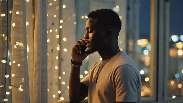 Nighttime Phone Call: A thoughtful man engages in a late-night phone conversation, silhouetted against a backdrop of warm string lights, conveying a sense of intimacy and contemplation.